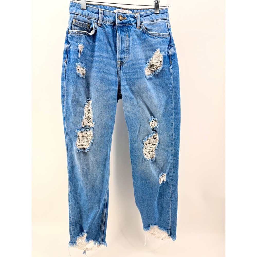 ZARA Women's  Jeans High Rise Light Wash Distressed Blue Denim 5-Pocket size 4
